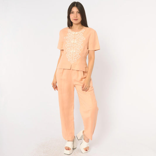 80s Donna Morgan Peach Linen Jumpsuit Soutache Embroidered Short Sleeve Small