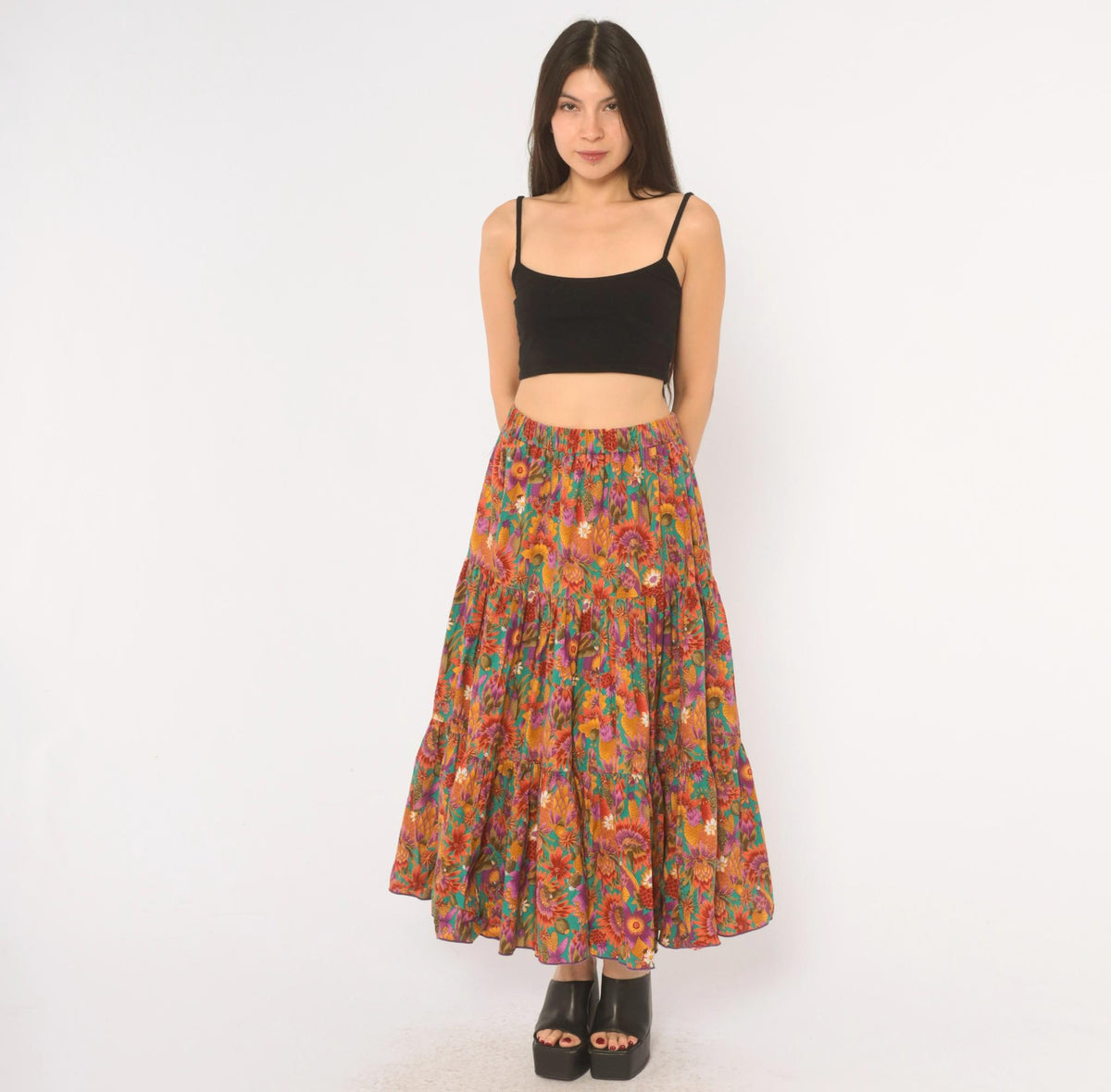 90s Country Fashions Cactus Floral Tiered Midi Skirt Teal Rust Purple Large