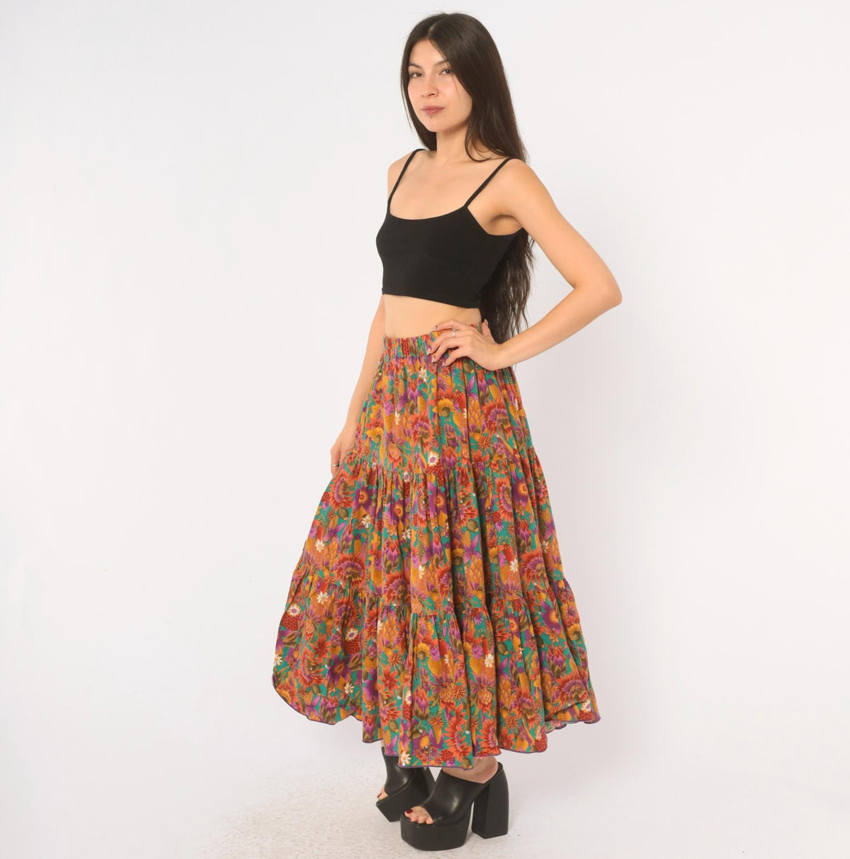 90s Country Fashions Cactus Floral Tiered Midi Skirt Teal Rust Purple Large