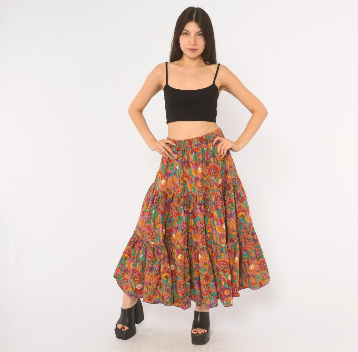 90s Country Fashions Cactus Floral Tiered Midi Skirt Teal Rust Purple Large