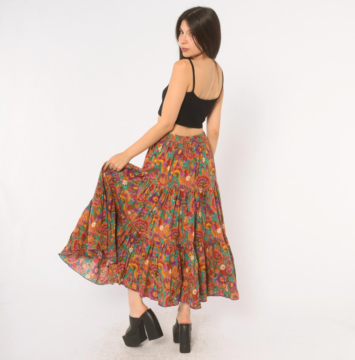 90s Country Fashions Cactus Floral Tiered Midi Skirt Teal Rust Purple Large