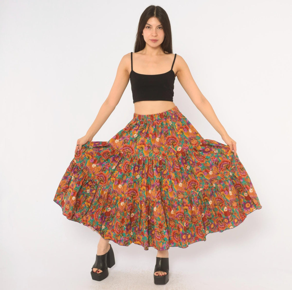 90s Country Fashions Cactus Floral Tiered Midi Skirt Teal Rust Purple Large