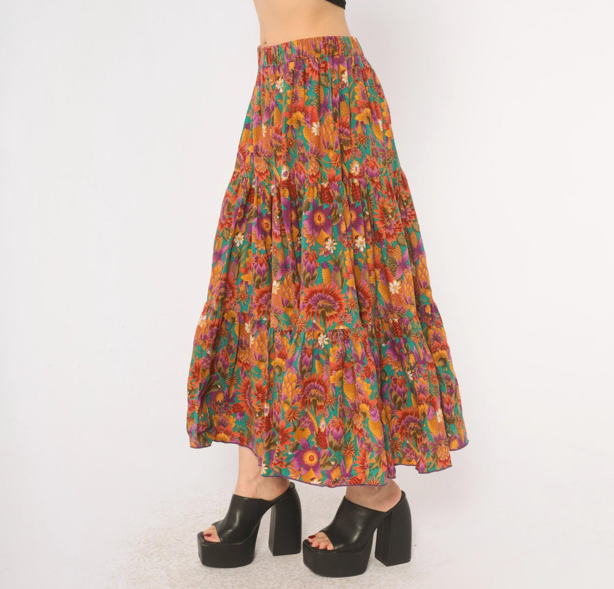 90s Country Fashions Cactus Floral Tiered Midi Skirt Teal Rust Purple Large