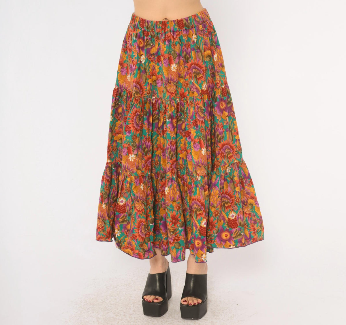 90s Country Fashions Cactus Floral Tiered Midi Skirt Teal Rust Purple Large
