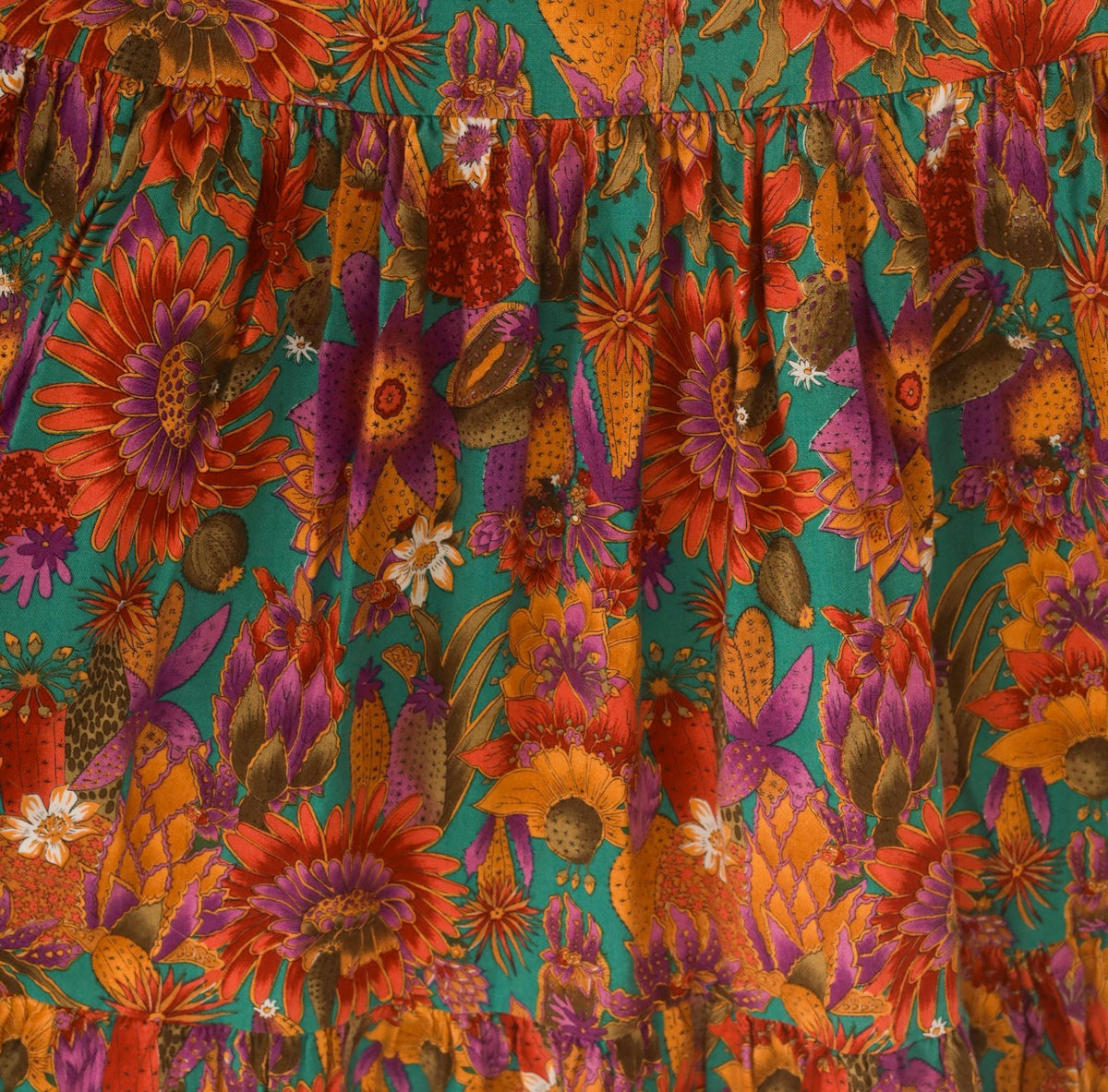 90s Country Fashions Cactus Floral Tiered Midi Skirt Teal Rust Purple Large