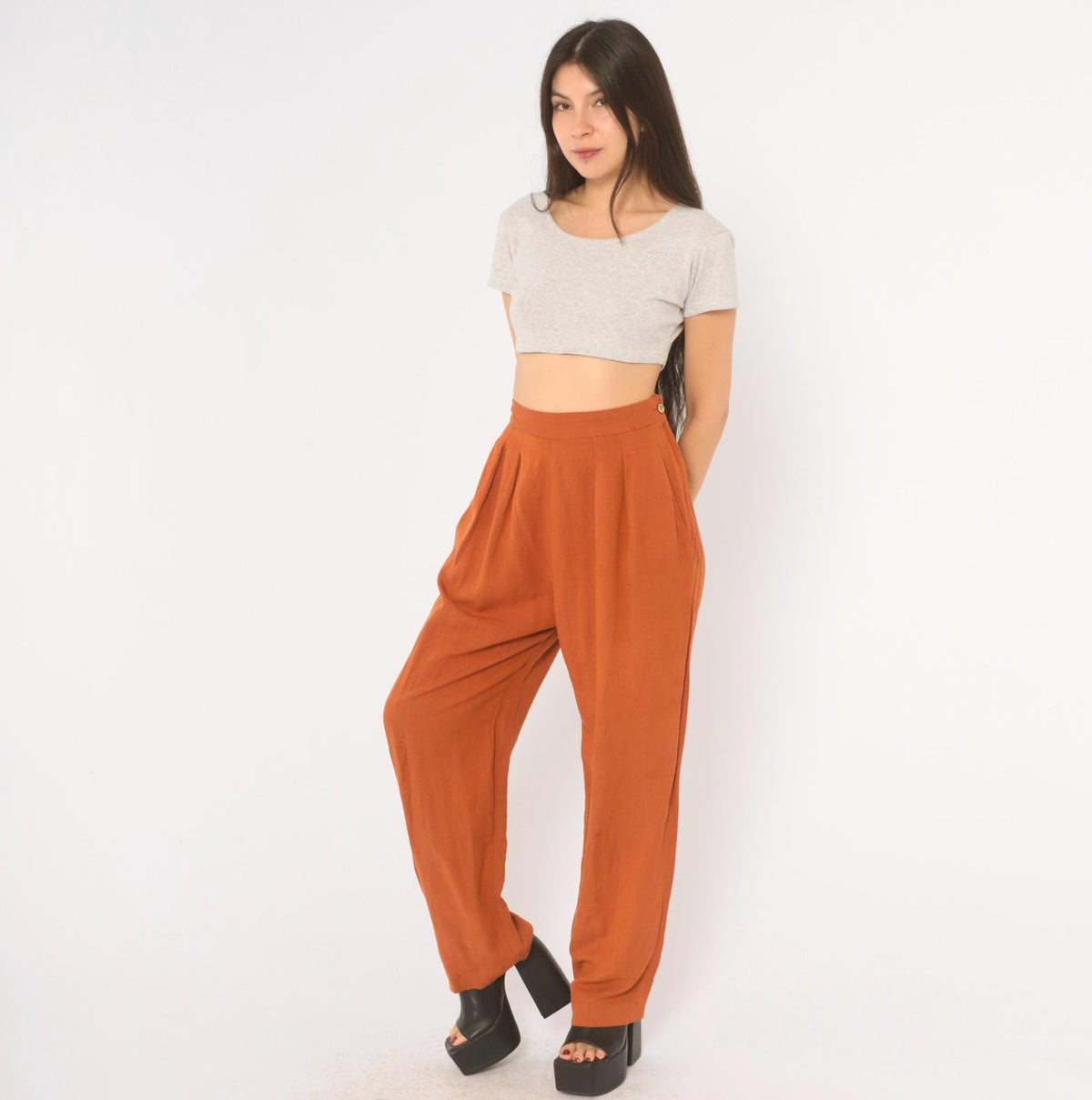 90s NY Sake Linen Pleated High-Waist Trousers Rust Orange Tapered Small S