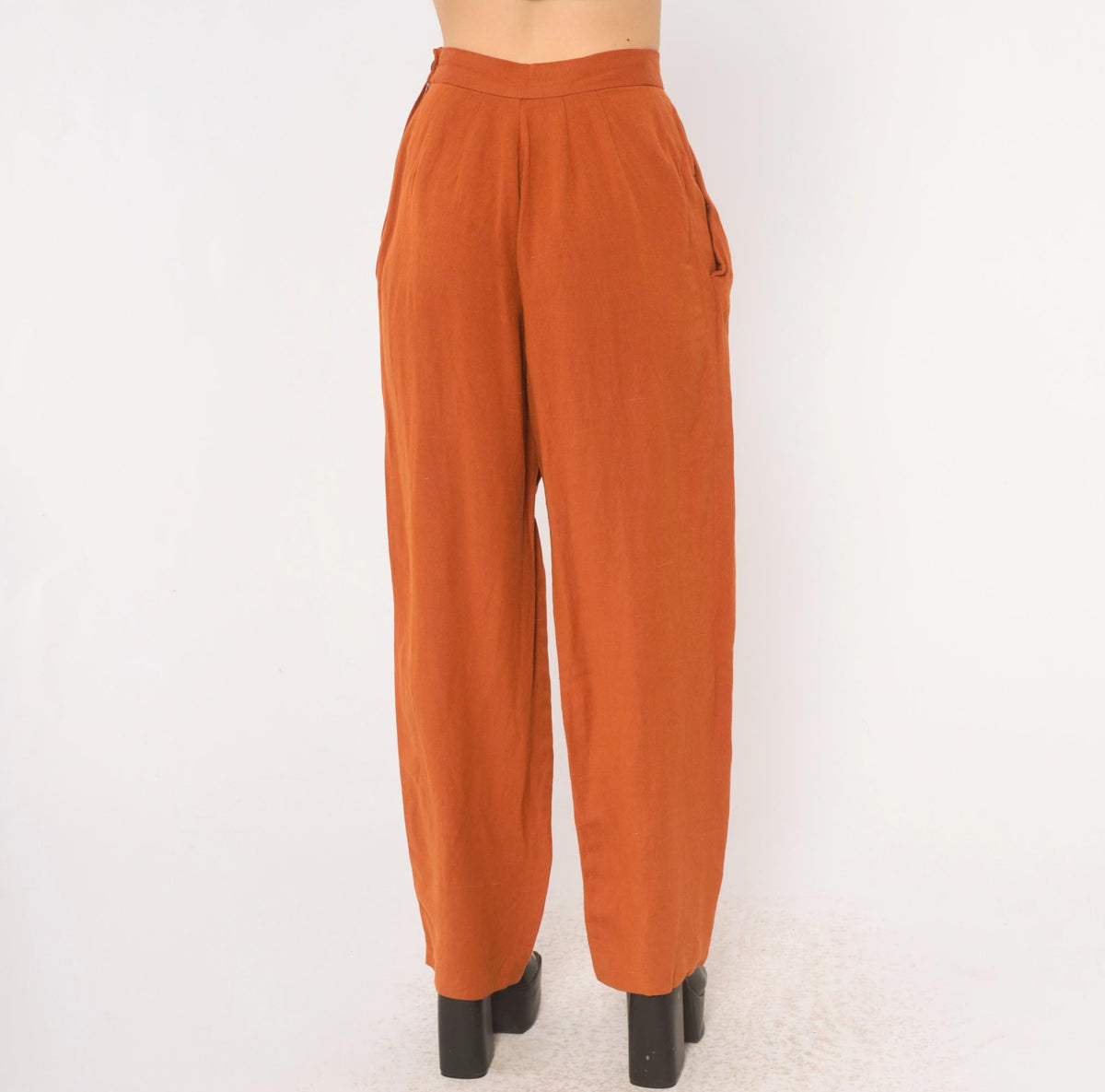 90s NY Sake Linen Pleated High-Waist Trousers Rust Orange Tapered Small S