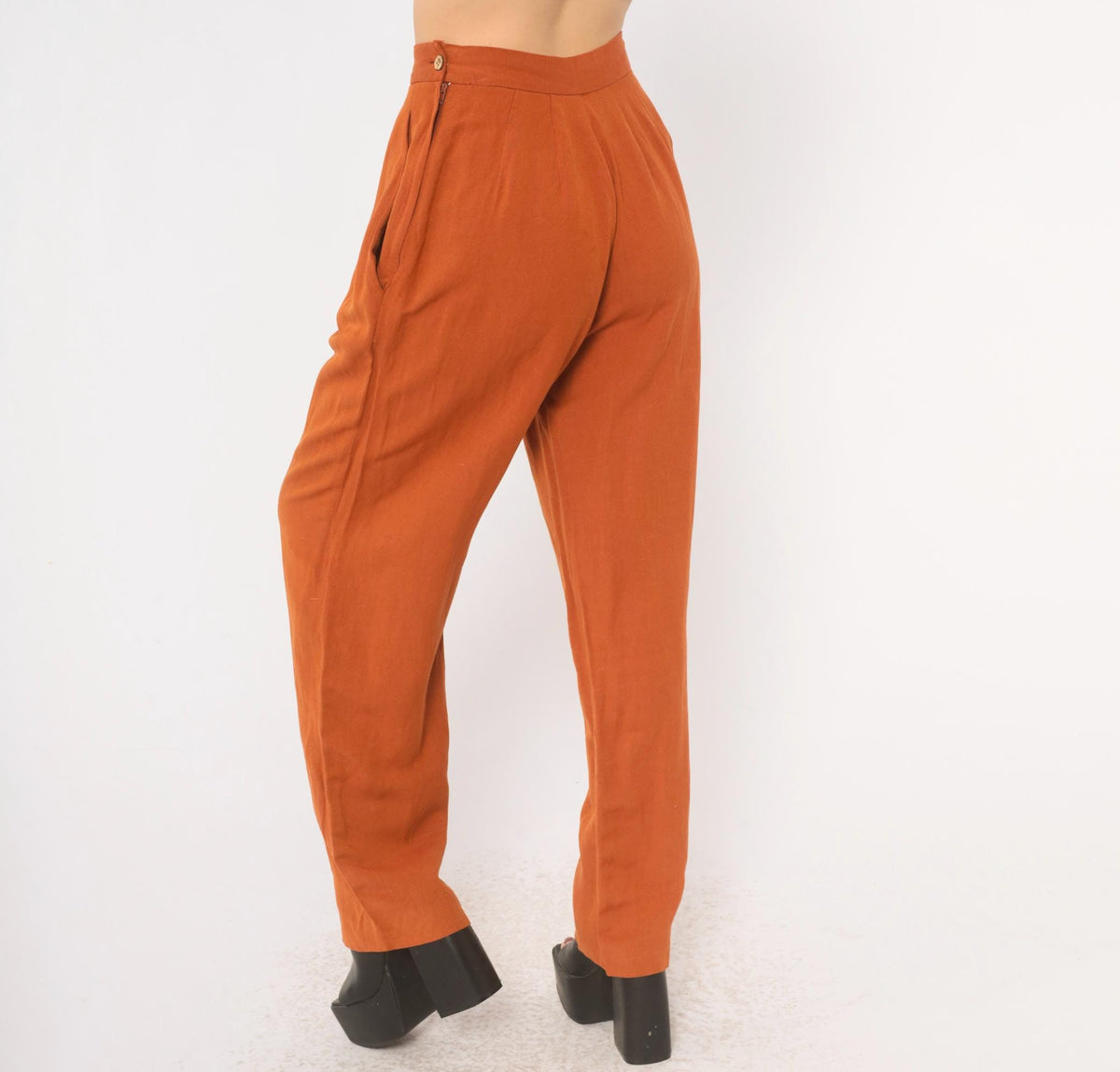 90s NY Sake Linen Pleated High-Waist Trousers Rust Orange Tapered Small S