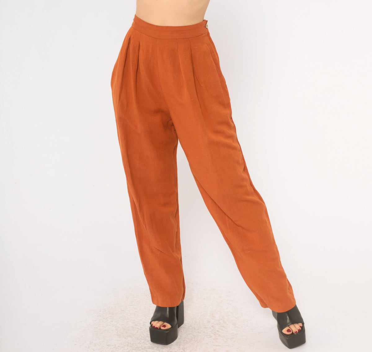 90s NY Sake Linen Pleated High-Waist Trousers Rust Orange Tapered Small S