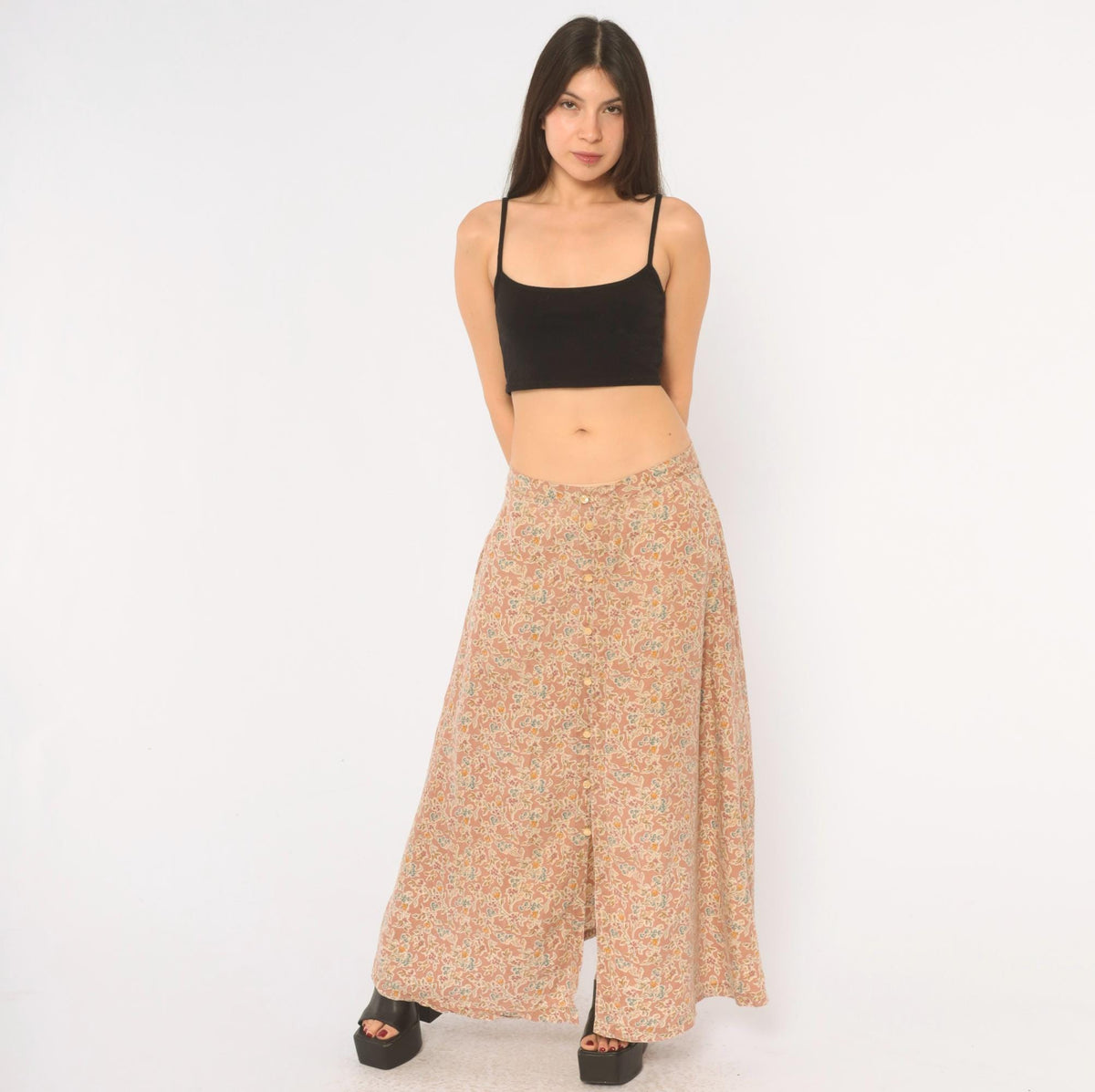 90s Lizwear Floral Skirt Pink Cream Button Front A-Line Ankle Length Large
