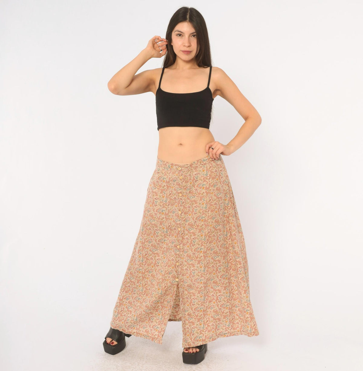 90s Lizwear Floral Skirt Pink Cream Button Front A-Line Ankle Length Large