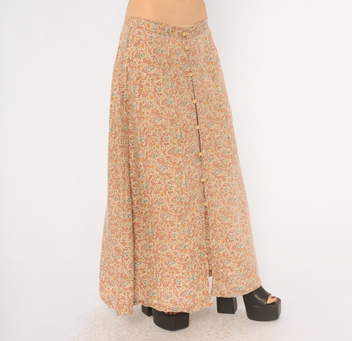90s Lizwear Floral Skirt Pink Cream Button Front A-Line Ankle Length Large