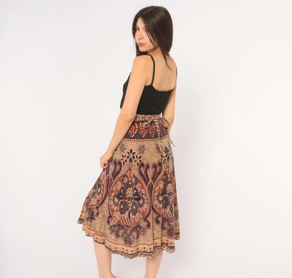 70s Batik Wrap Skirt Beige Navy Burgundy Paisley Cotton Midi Small