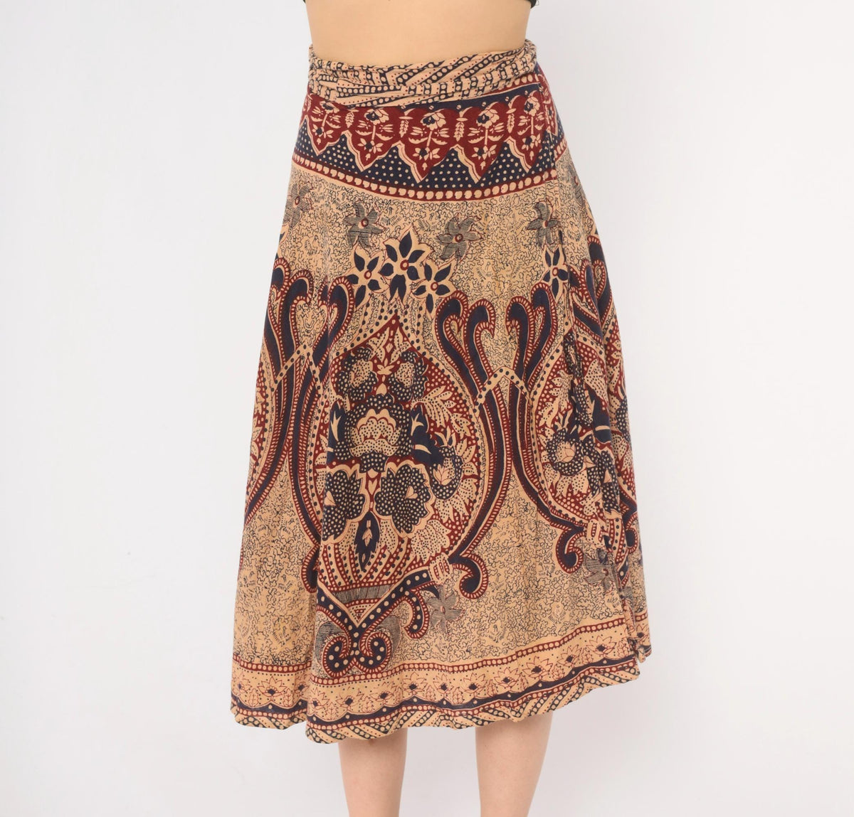 70s Batik Wrap Skirt Beige Navy Burgundy Paisley Cotton Midi Small