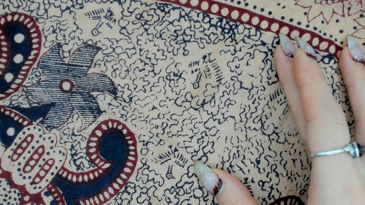 70s Batik Wrap Skirt Beige Navy Burgundy Paisley Cotton Midi Small