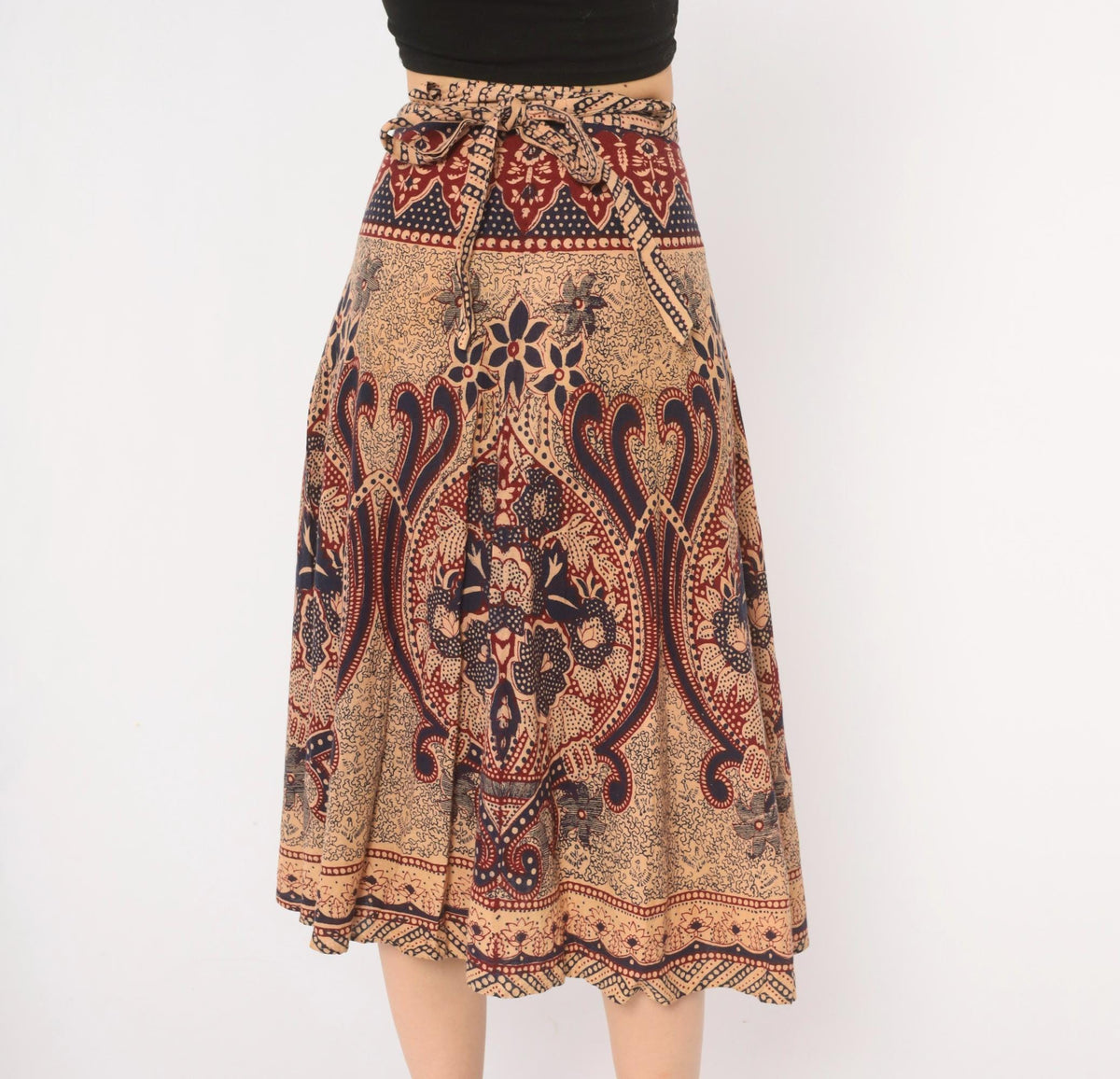 70s Batik Wrap Skirt Beige Navy Burgundy Paisley Cotton Midi Small