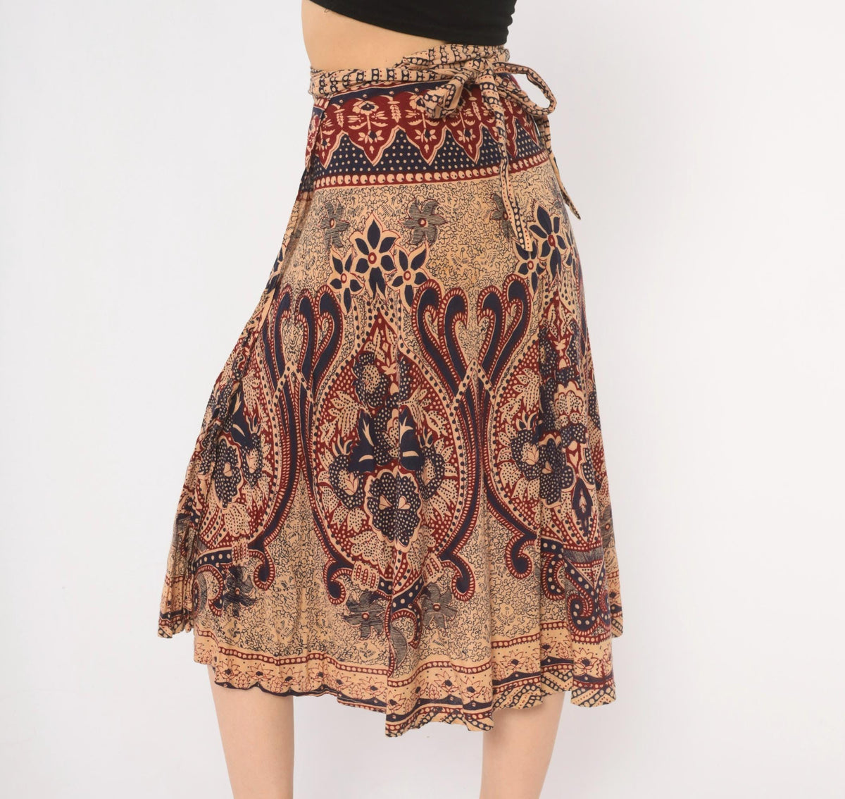 70s Batik Wrap Skirt Beige Navy Burgundy Paisley Cotton Midi Small