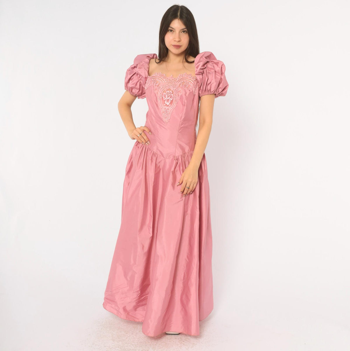 80s Dusty Rose Maxi Prom Dress Puff Sleeve Lace Applique Square Neck Large L