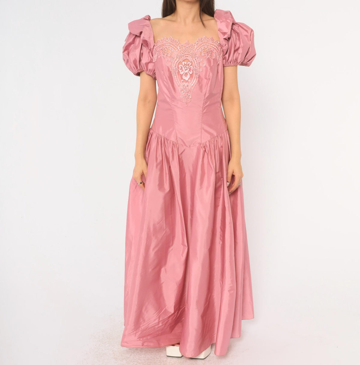 80s Dusty Rose Maxi Prom Dress Puff Sleeve Lace Applique Square Neck Large L