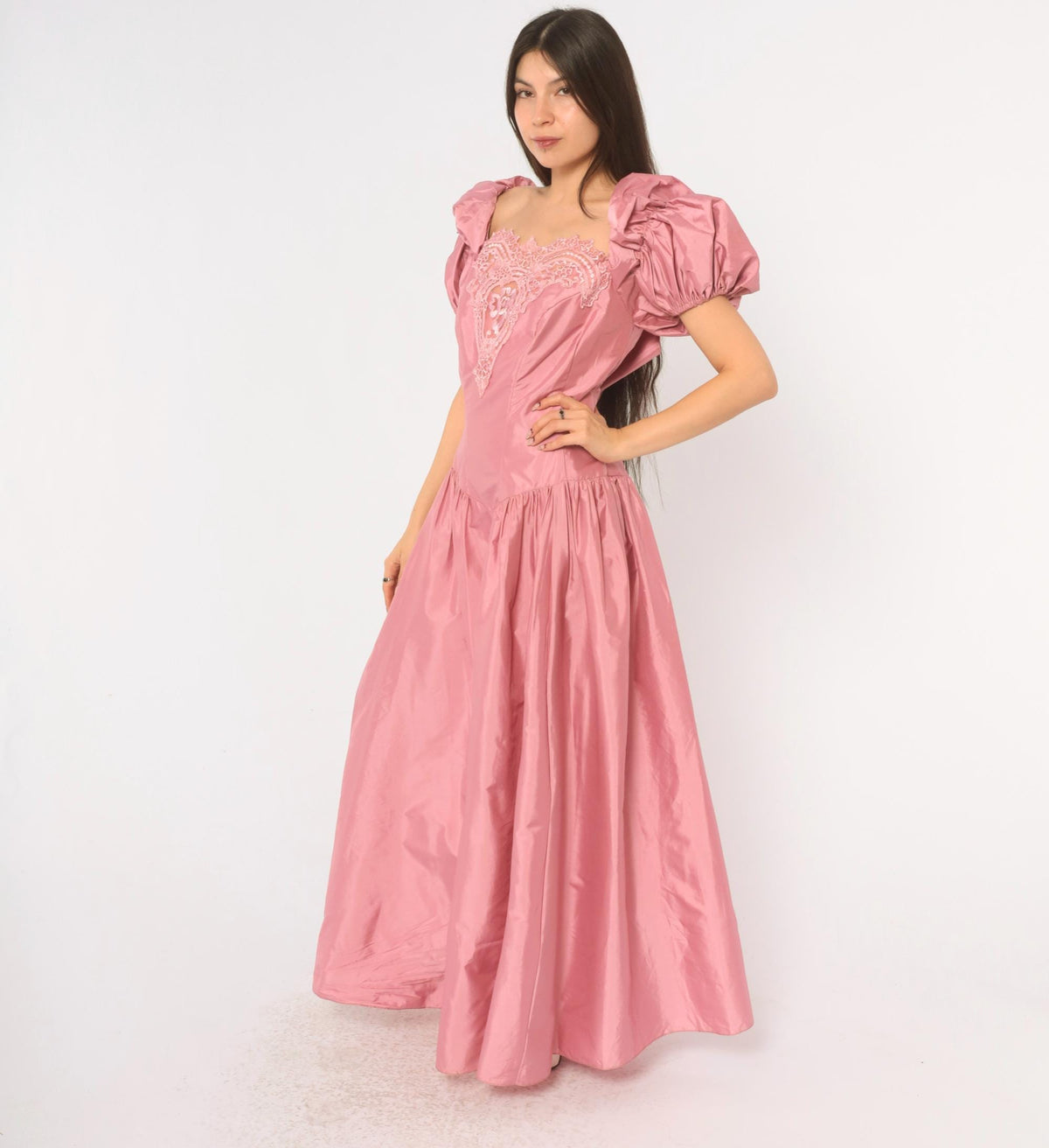 80s Dusty Rose Maxi Prom Dress Puff Sleeve Lace Applique Square Neck Large L
