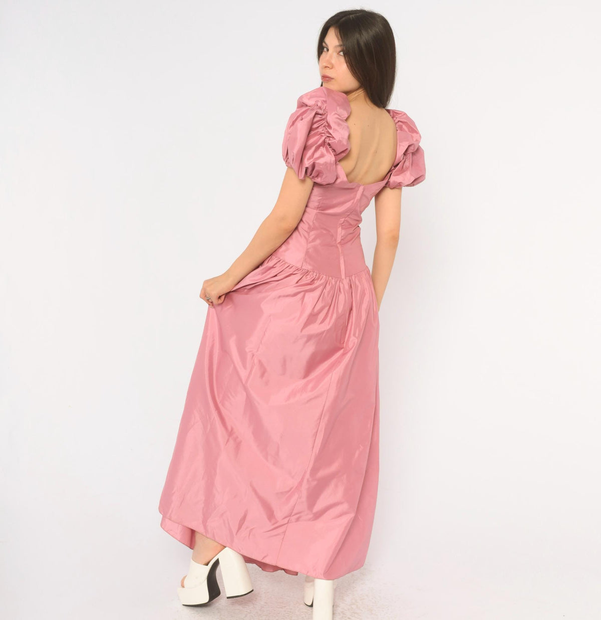 80s Dusty Rose Maxi Prom Dress Puff Sleeve Lace Applique Square Neck Large L