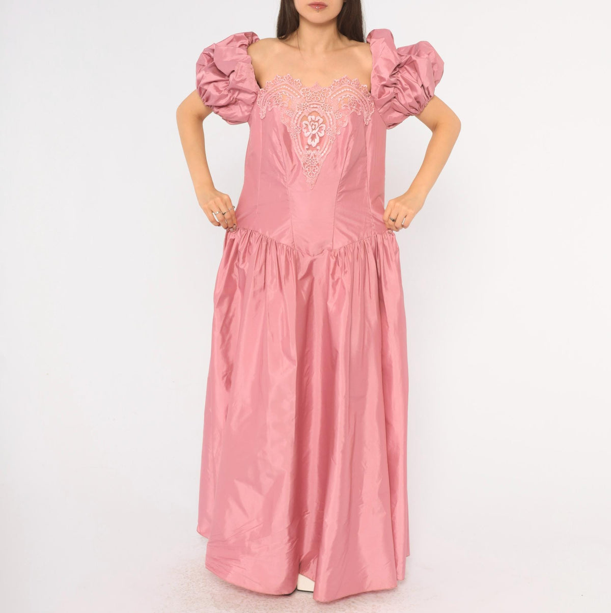 80s Dusty Rose Maxi Prom Dress Puff Sleeve Lace Applique Square Neck Large L