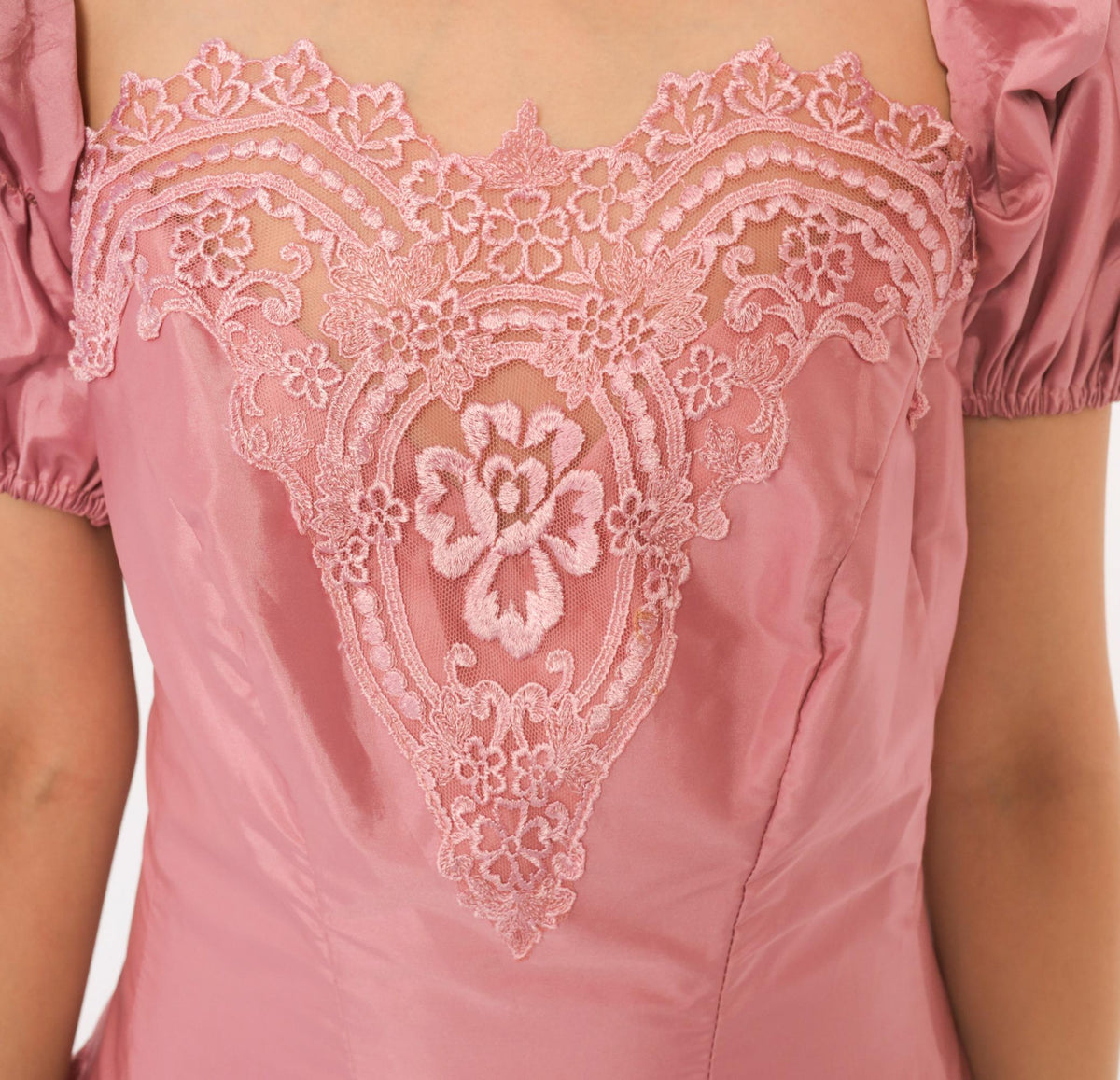 80s Dusty Rose Maxi Prom Dress Puff Sleeve Lace Applique Square Neck Large L