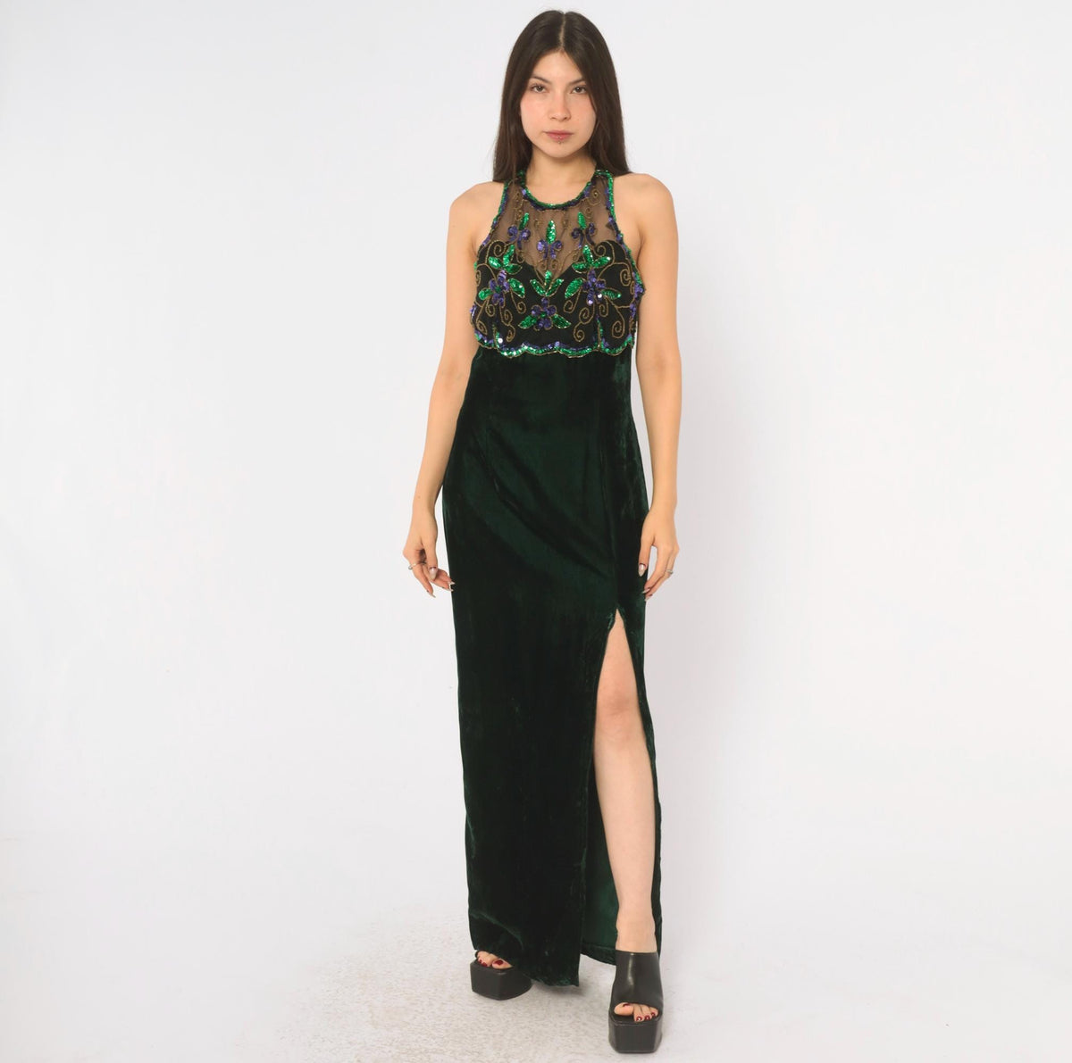 90s Roberta Emerald Green Velvet Maxi Dress Sequin Halter High Slit Small