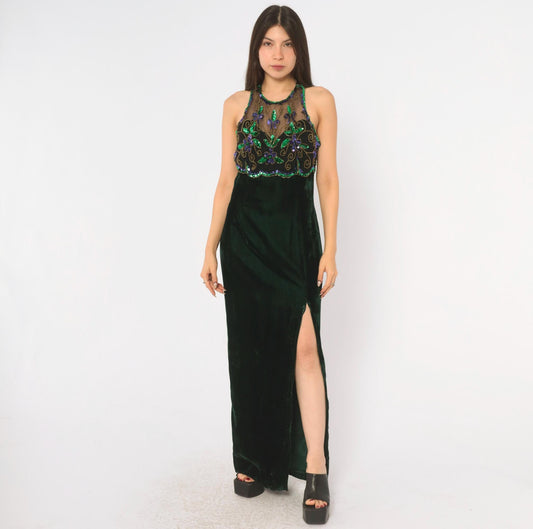 90s Roberta Emerald Green Velvet Maxi Dress Sequin Halter High Slit Small