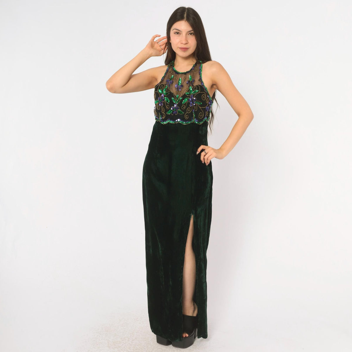 90s Roberta Emerald Green Velvet Maxi Dress Sequin Halter High Slit Small
