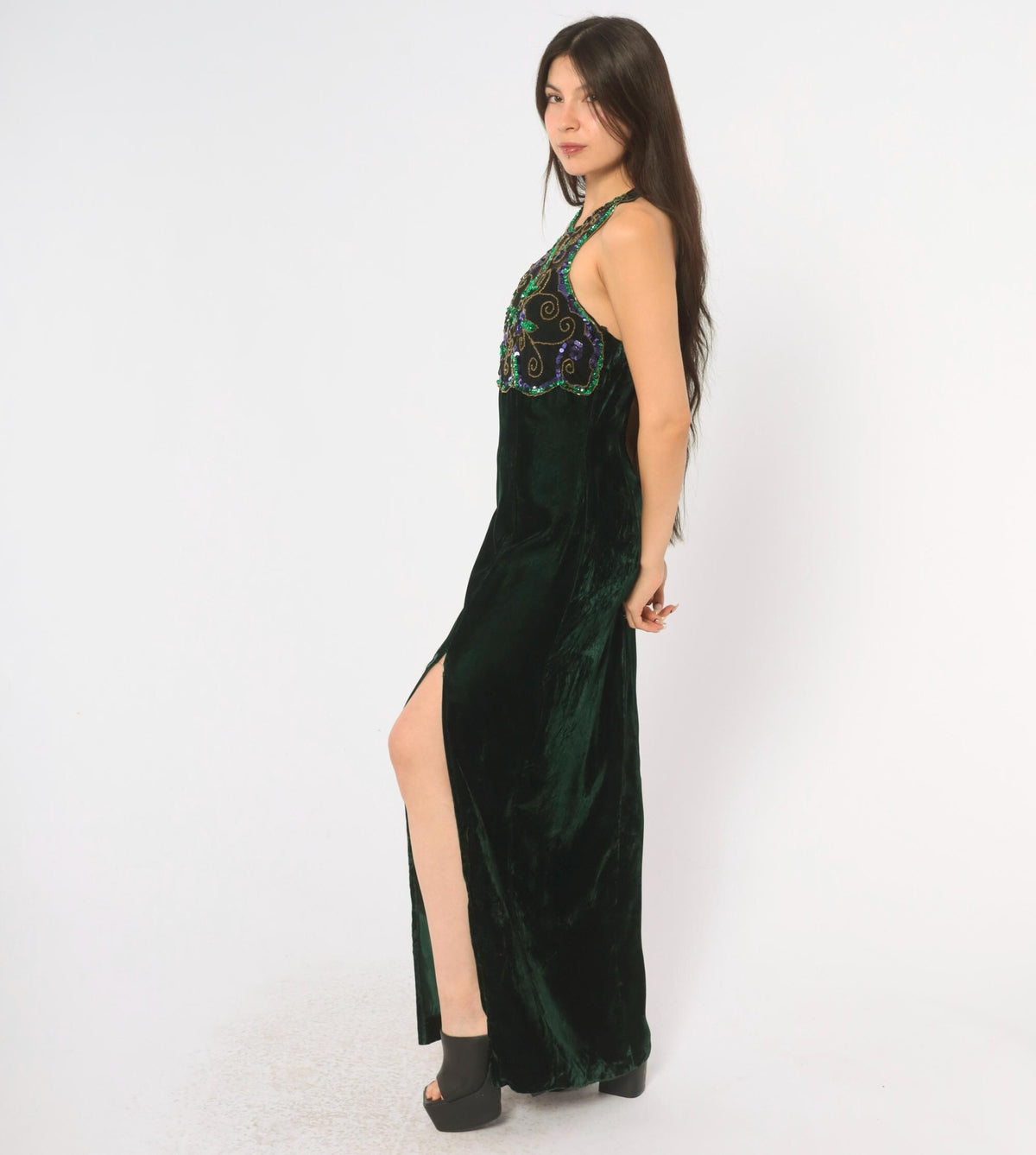 90s Roberta Emerald Green Velvet Maxi Dress Sequin Halter High Slit Small