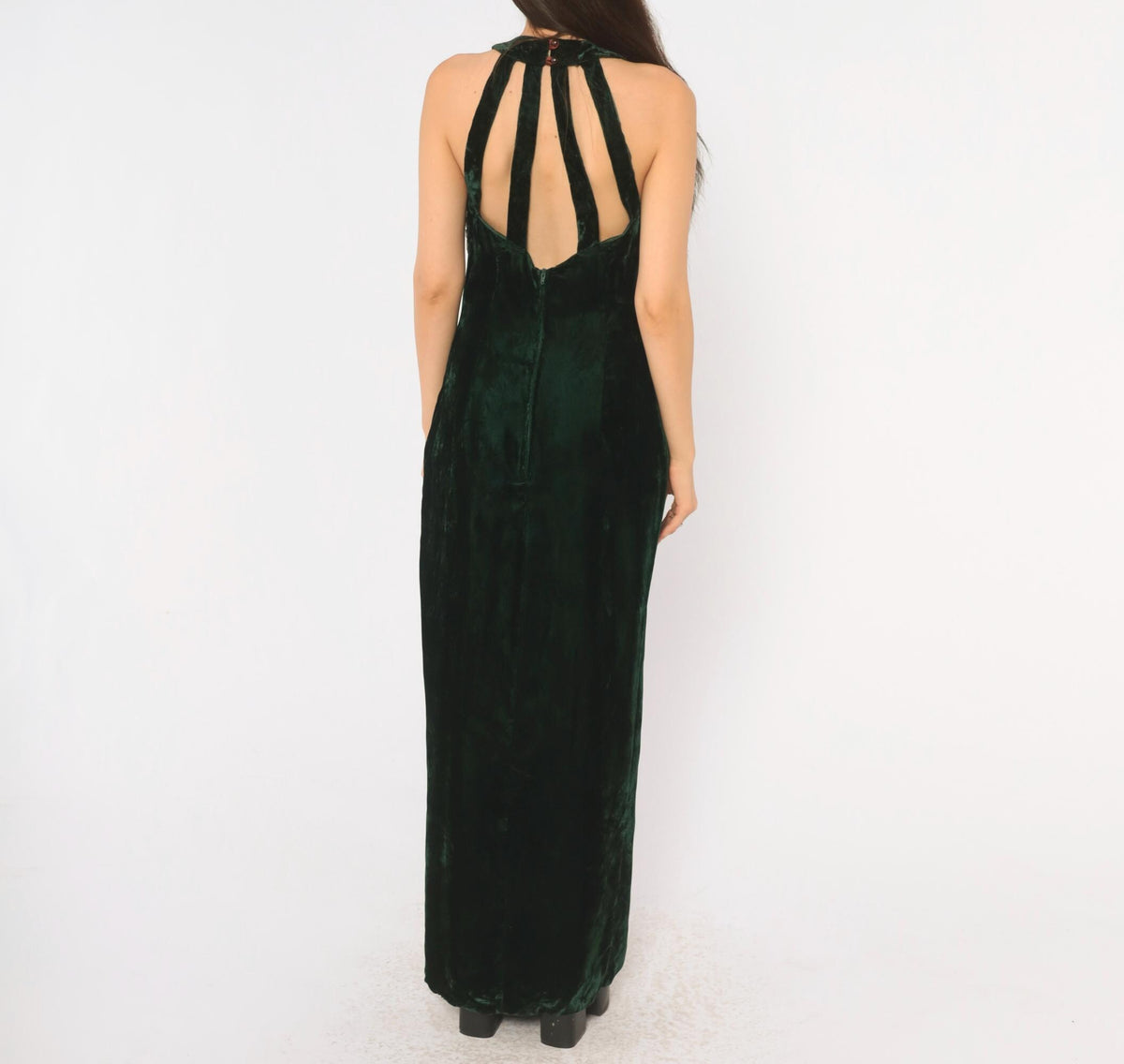 90s Roberta Emerald Green Velvet Maxi Dress Sequin Halter High Slit Small