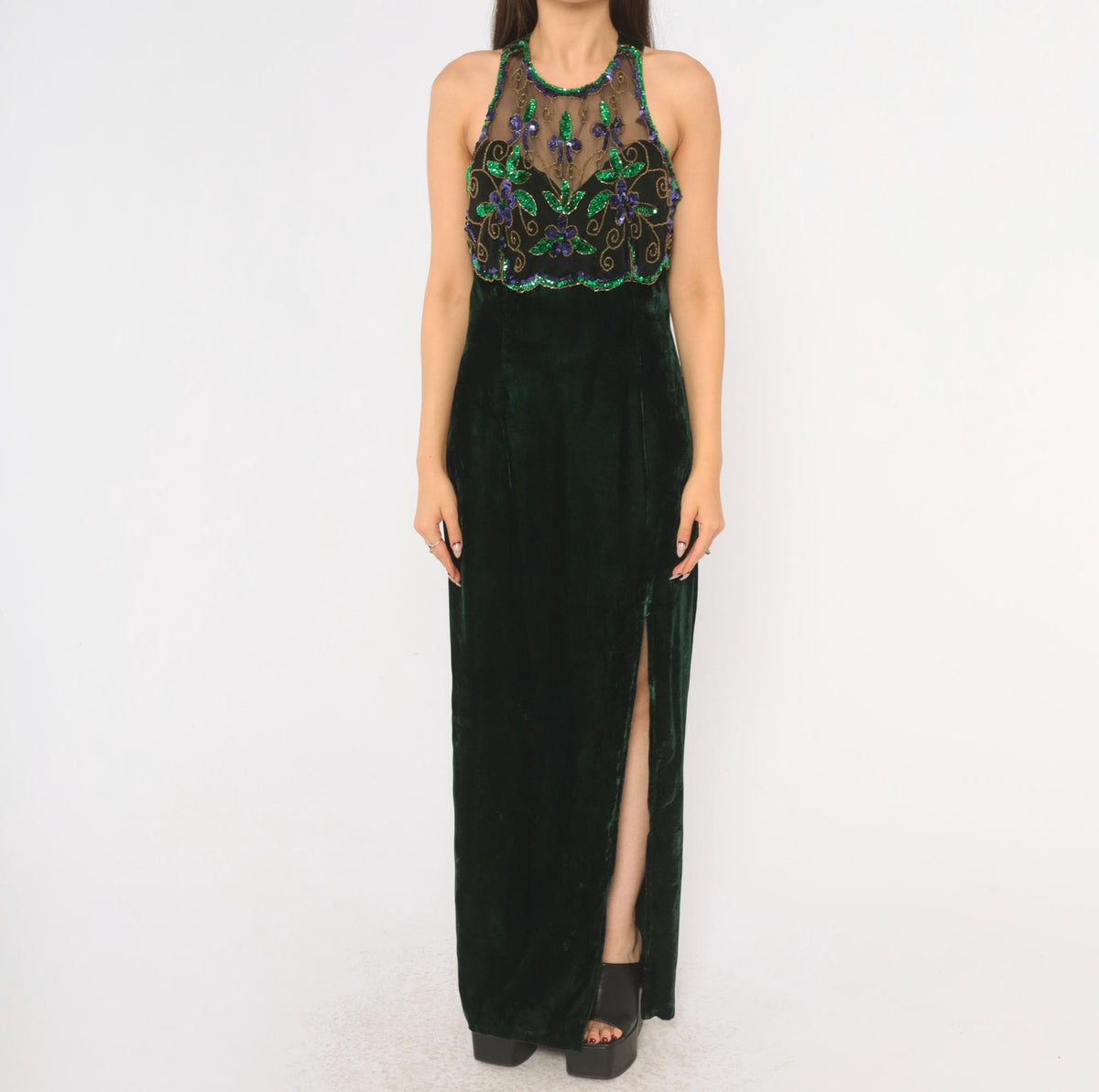 90s Roberta Emerald Green Velvet Maxi Dress Sequin Halter High Slit Small