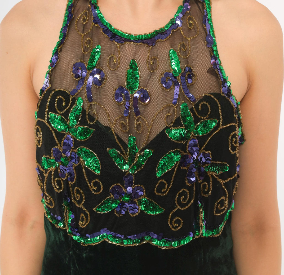 90s Roberta Emerald Green Velvet Maxi Dress Sequin Halter High Slit Small