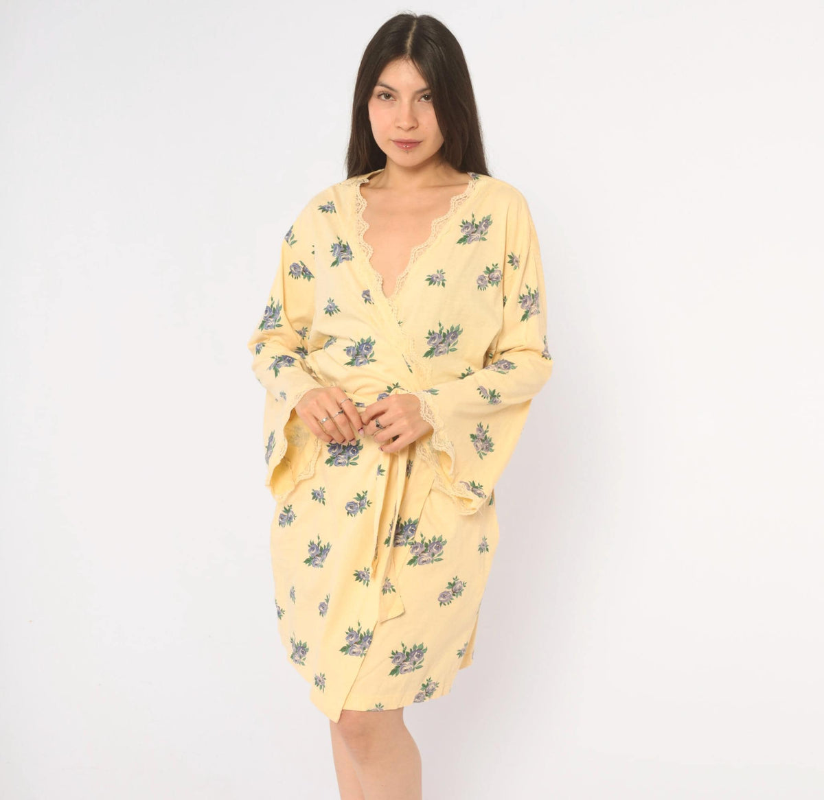 Y2K Victoria's Secret Yellow Floral Cotton Robe Mini Kimono Small S