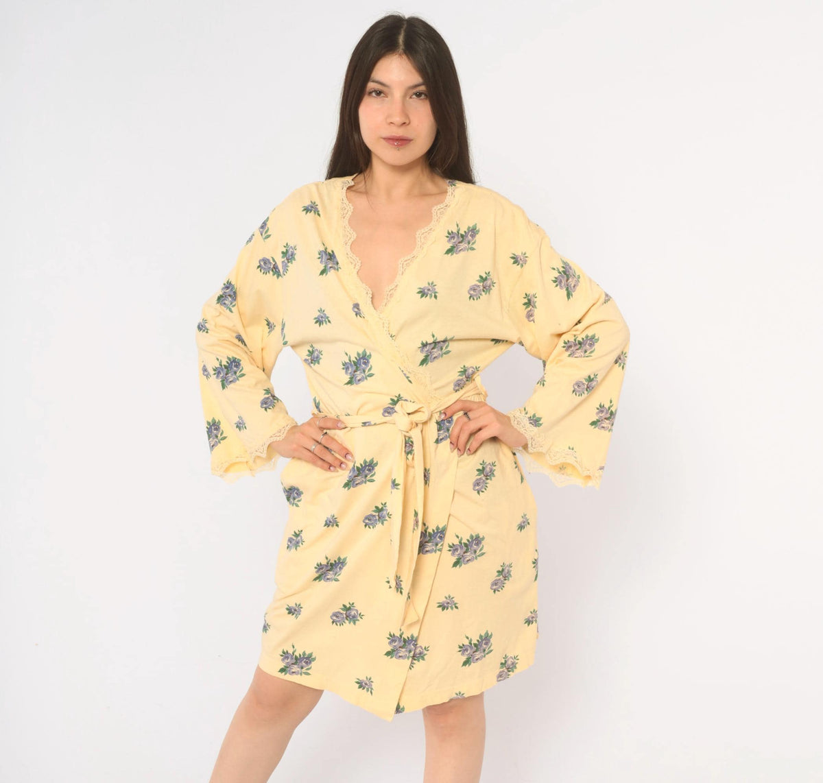 Y2K Victoria's Secret Yellow Floral Cotton Robe Mini Kimono Small S