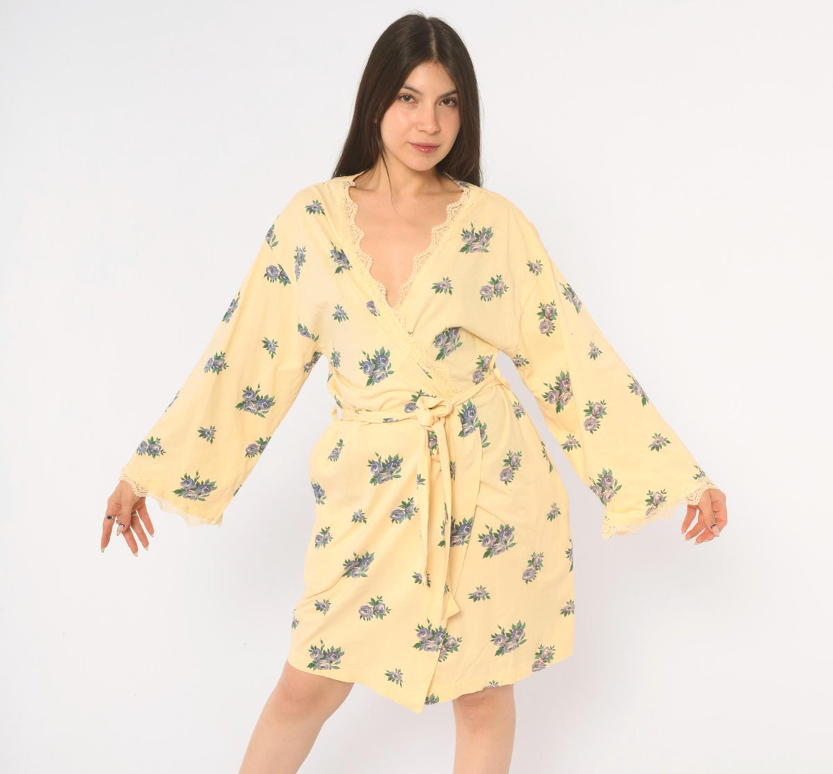 Y2K Victoria's Secret Yellow Floral Cotton Robe Mini Kimono Small S