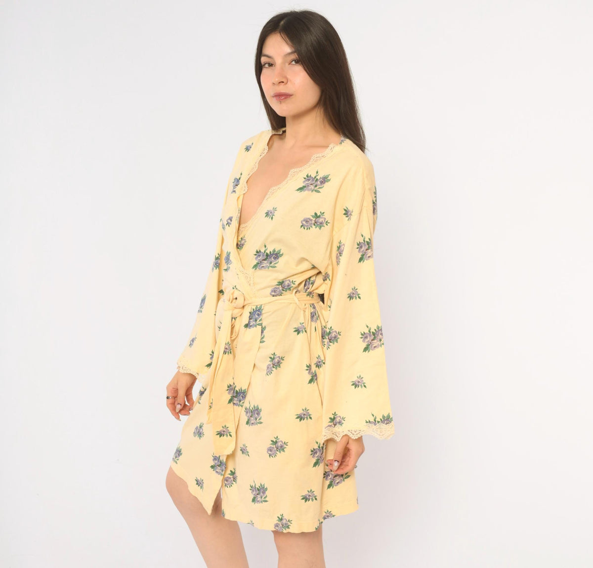 Y2K Victoria's Secret Yellow Floral Cotton Robe Mini Kimono Small S