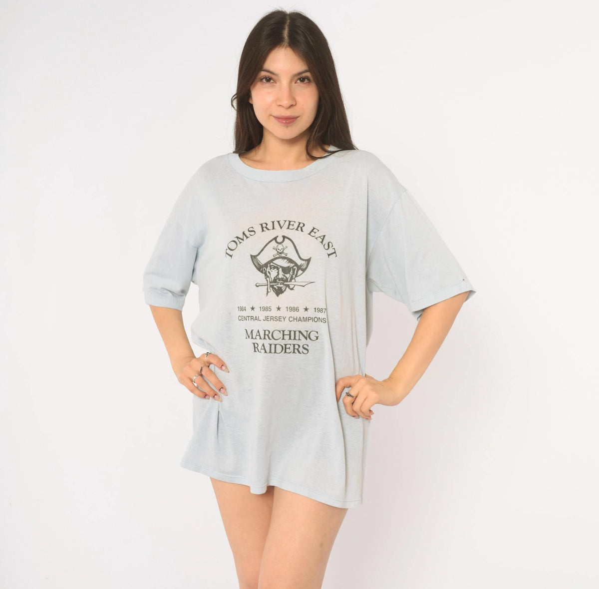 80s Toms River East Marching Raiders Graphic Tee Light Blue Pirate Skull Large
