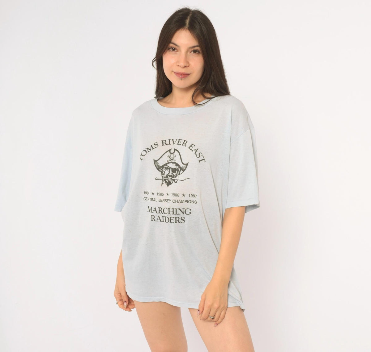 80s Toms River East Marching Raiders Graphic Tee Light Blue Pirate Skull Large