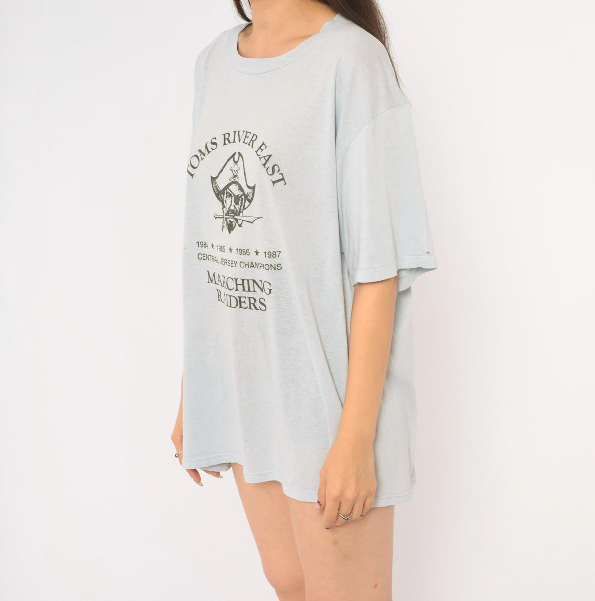 80s Toms River East Marching Raiders Graphic Tee Light Blue Pirate Skull Large