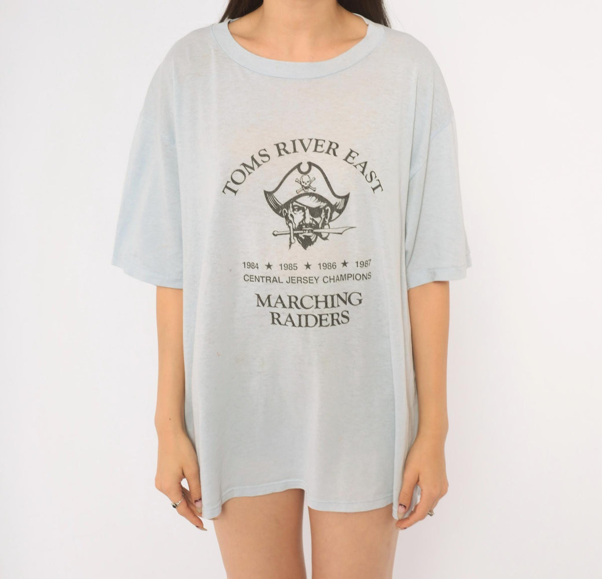 80s Toms River East Marching Raiders Graphic Tee Light Blue Pirate Skull Large