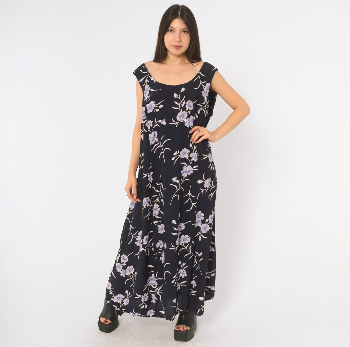 90s Navy Floral Maxi Dress Lavender Carnation Print Scoop Neck Extra Large