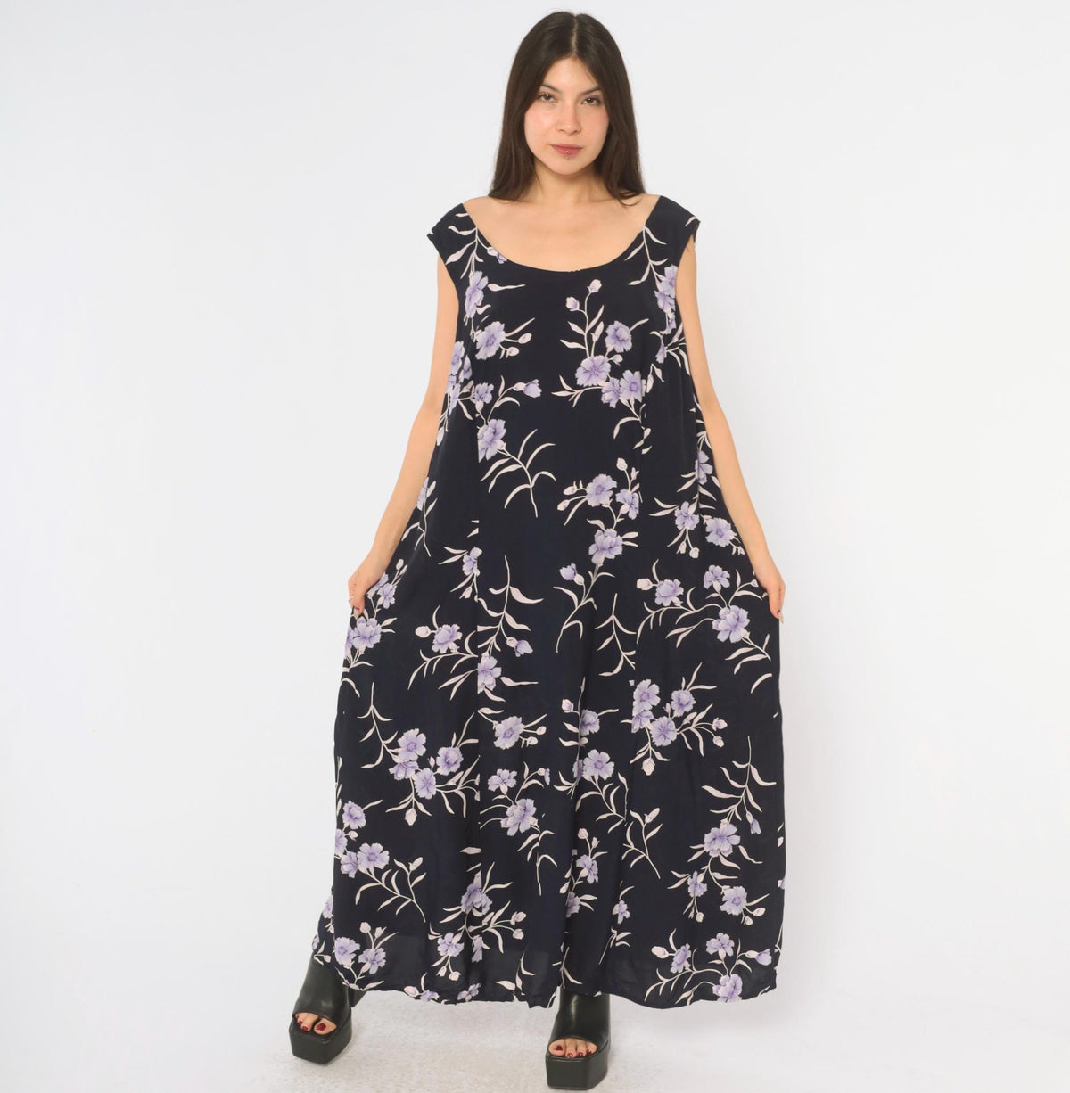 90s Navy Floral Maxi Dress Lavender Carnation Print Scoop Neck Extra Large
