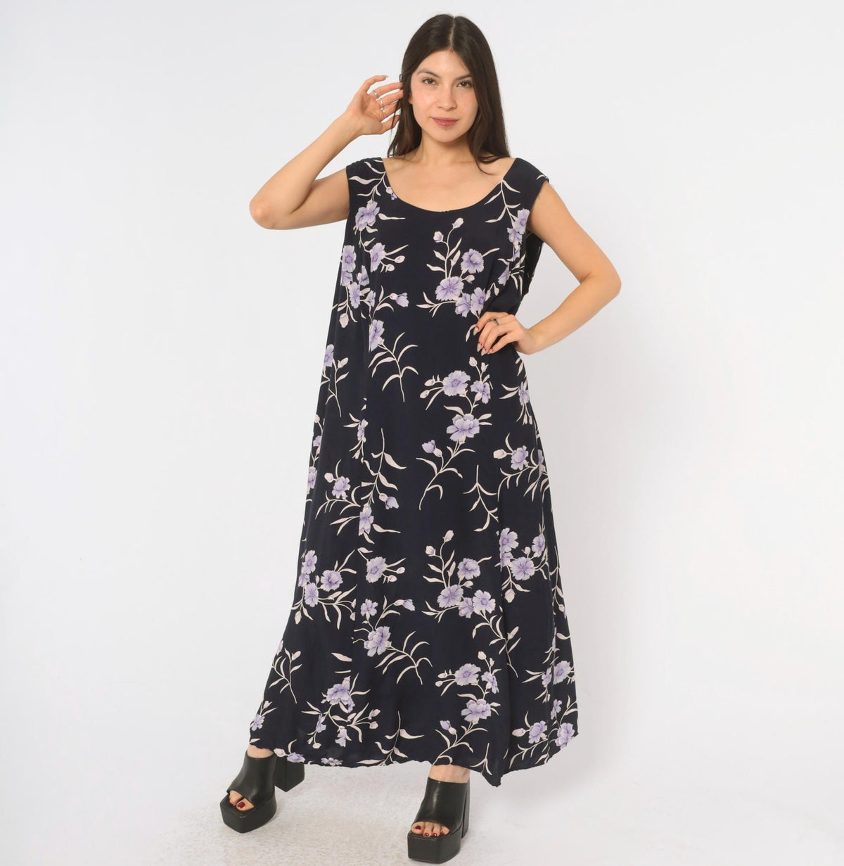 90s Navy Floral Maxi Dress Lavender Carnation Print Scoop Neck Extra Large