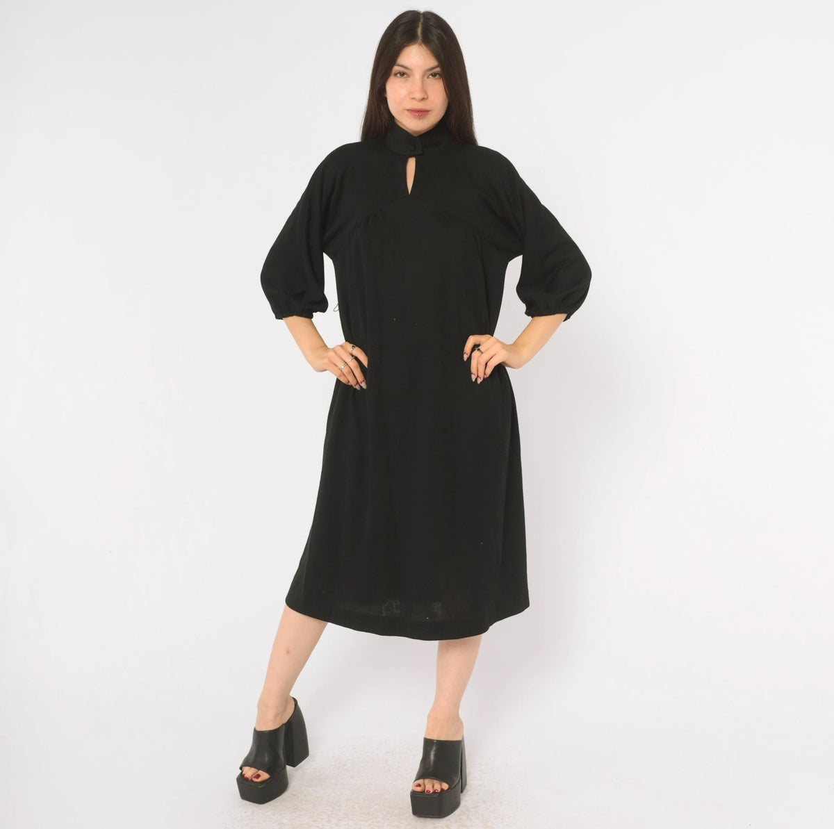 70s Carole King Black Wool Dress Mock Neck Puff Sleeve A-Line Small