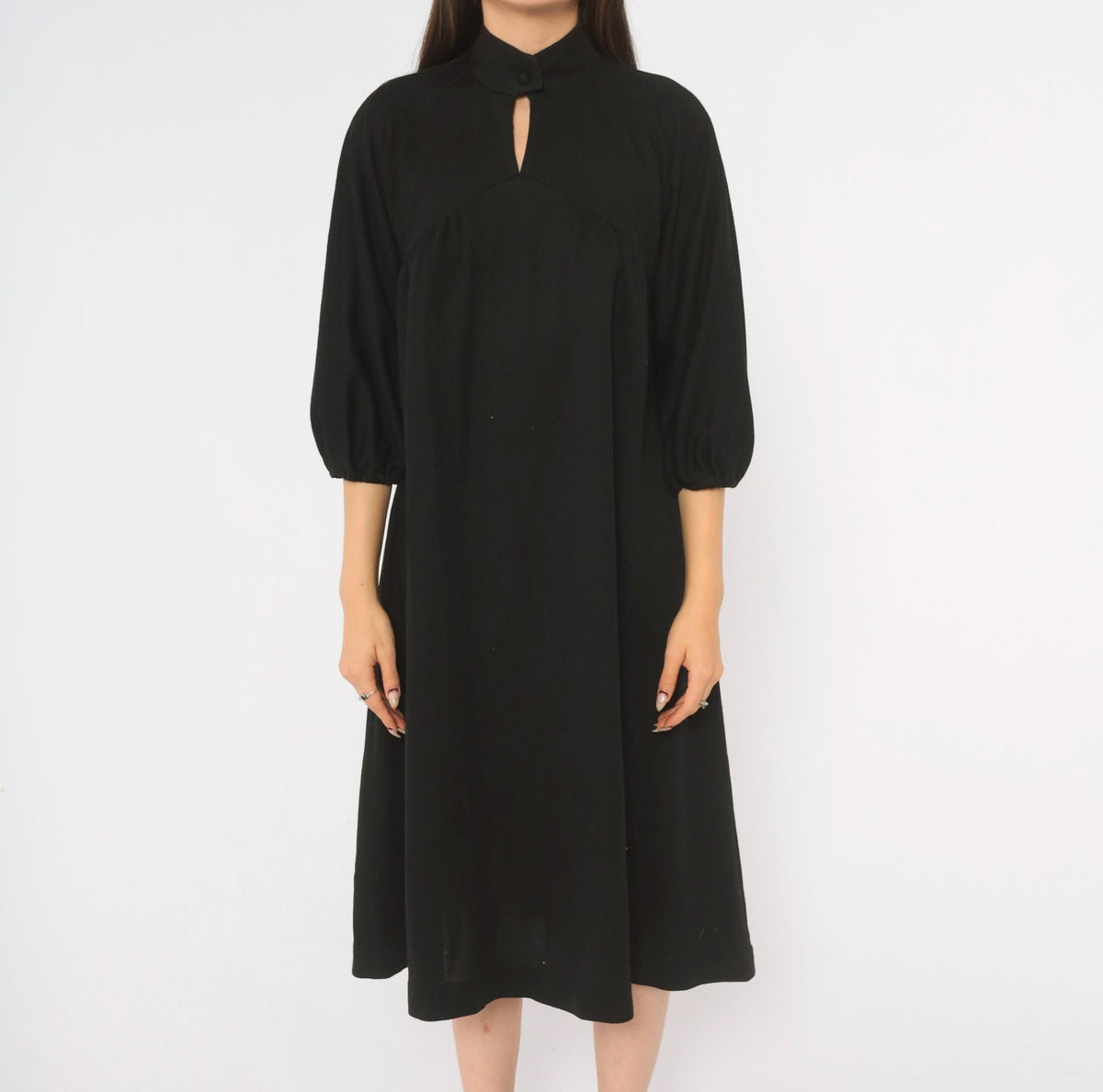 70s Carole King Black Wool Dress Mock Neck Puff Sleeve A-Line Small