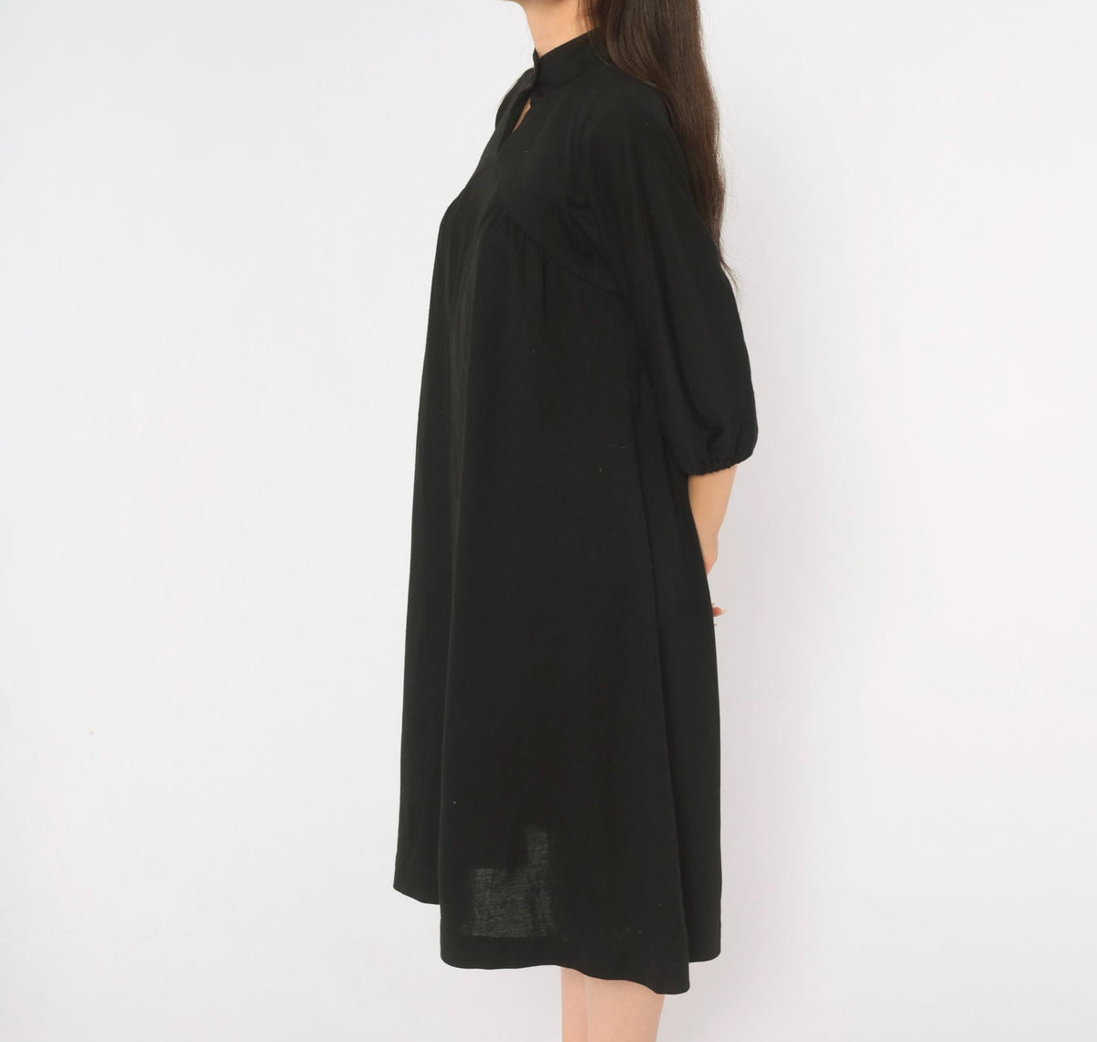 70s Carole King Black Wool Dress Mock Neck Puff Sleeve A-Line Small