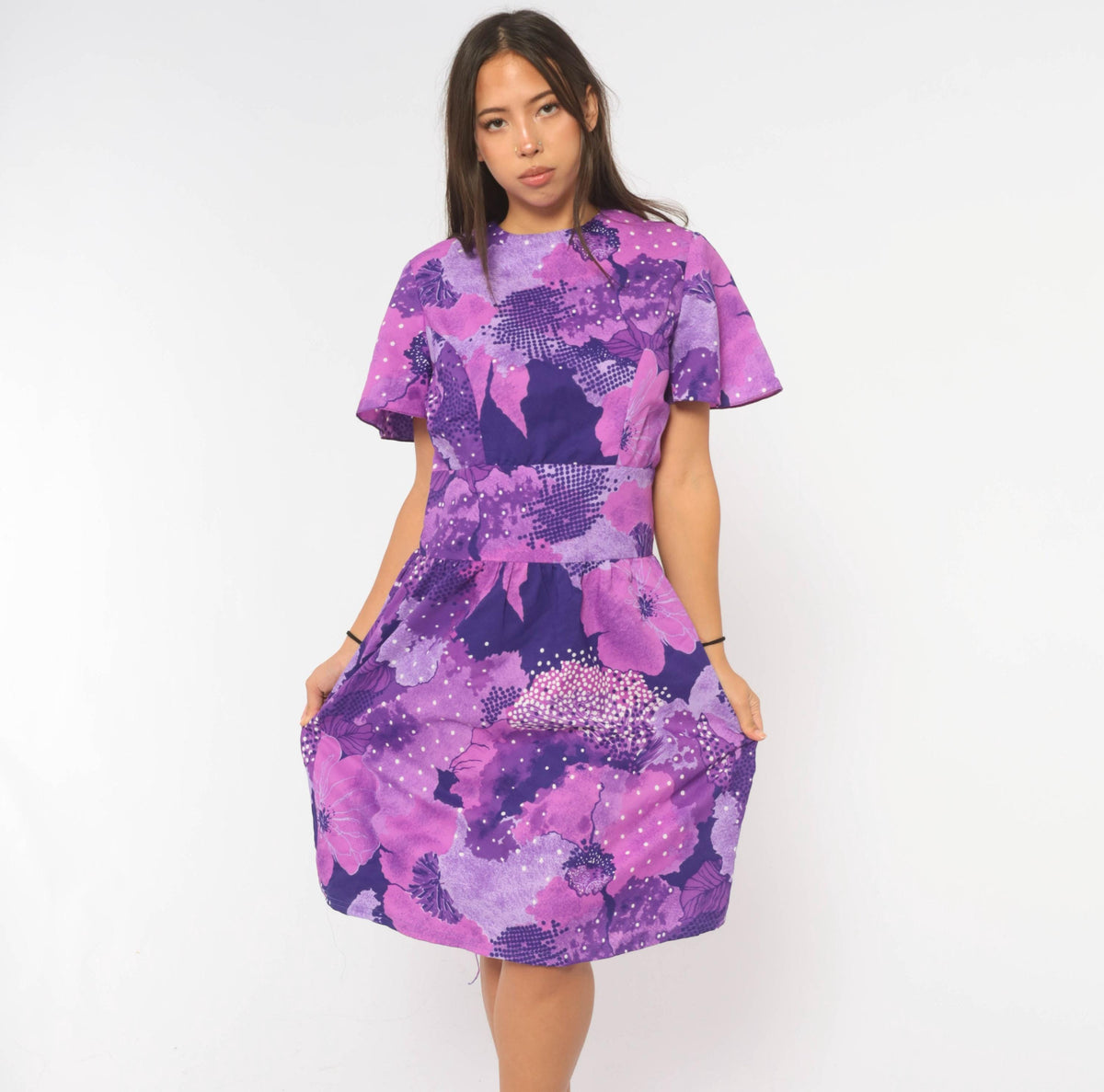 70s Purple Floral Abstract Print Dress Knee-Length Short Sleeve Large L