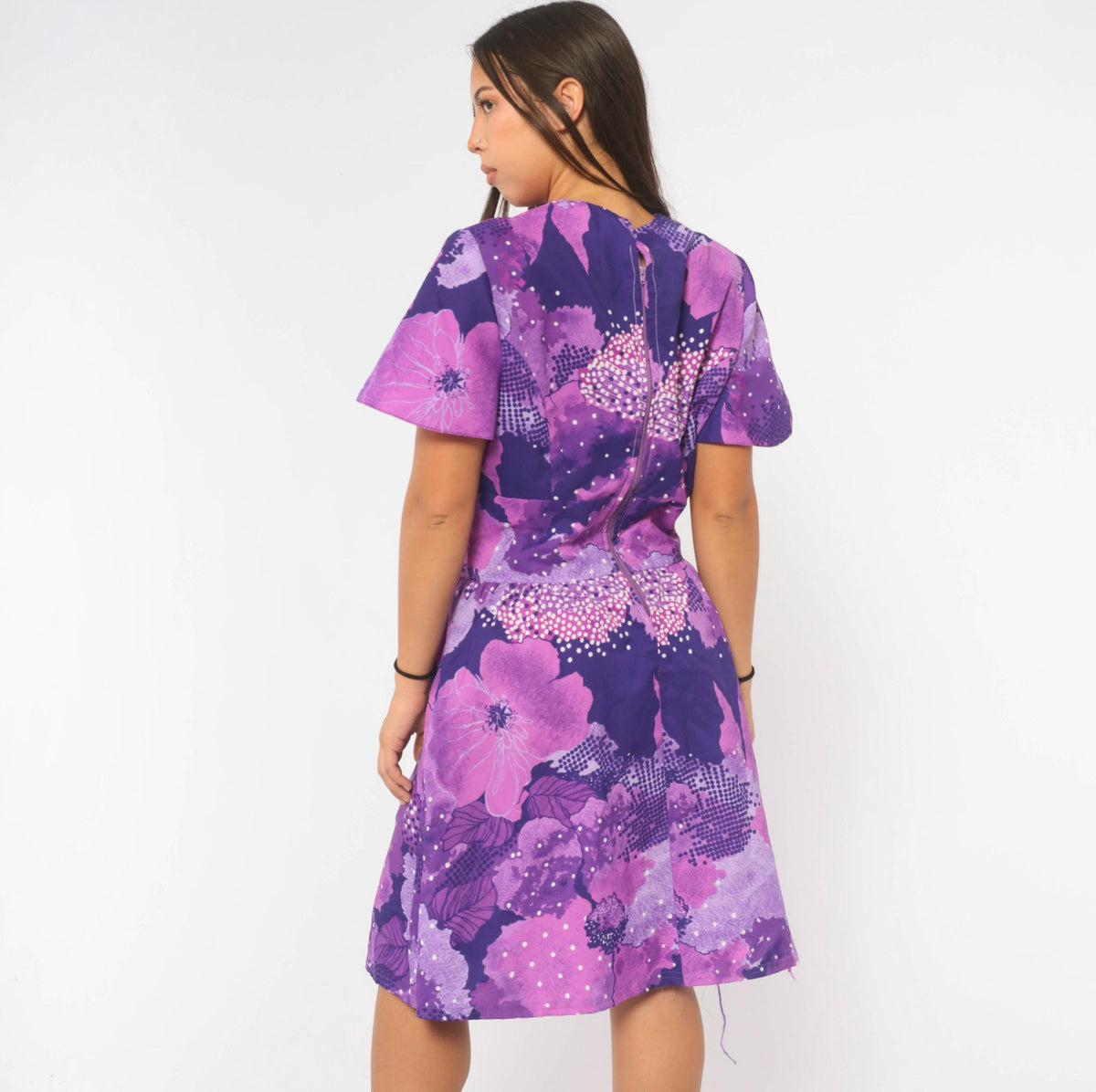 70s Purple Floral Abstract Print Dress Knee-Length Short Sleeve Large L